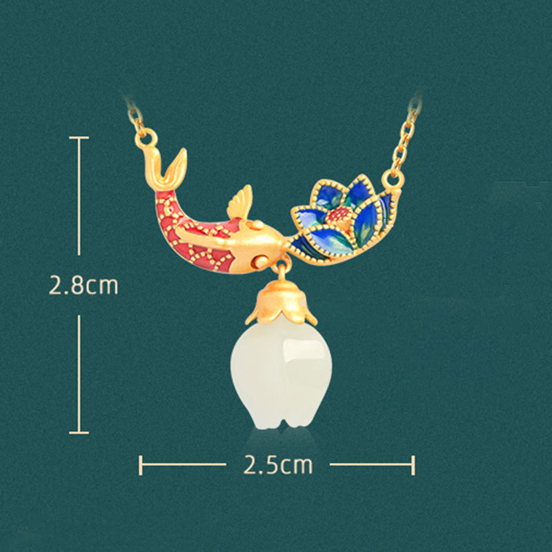 KarmaRipple's 925 Sterling Silver Ivory Jade Koi Fish Lotus Protection Pendant Necklace p10