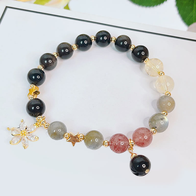 KarmaRipple's Authentic Silver Sheen Obsidian Love Heart Star Flower Protection Bracelet ( p13