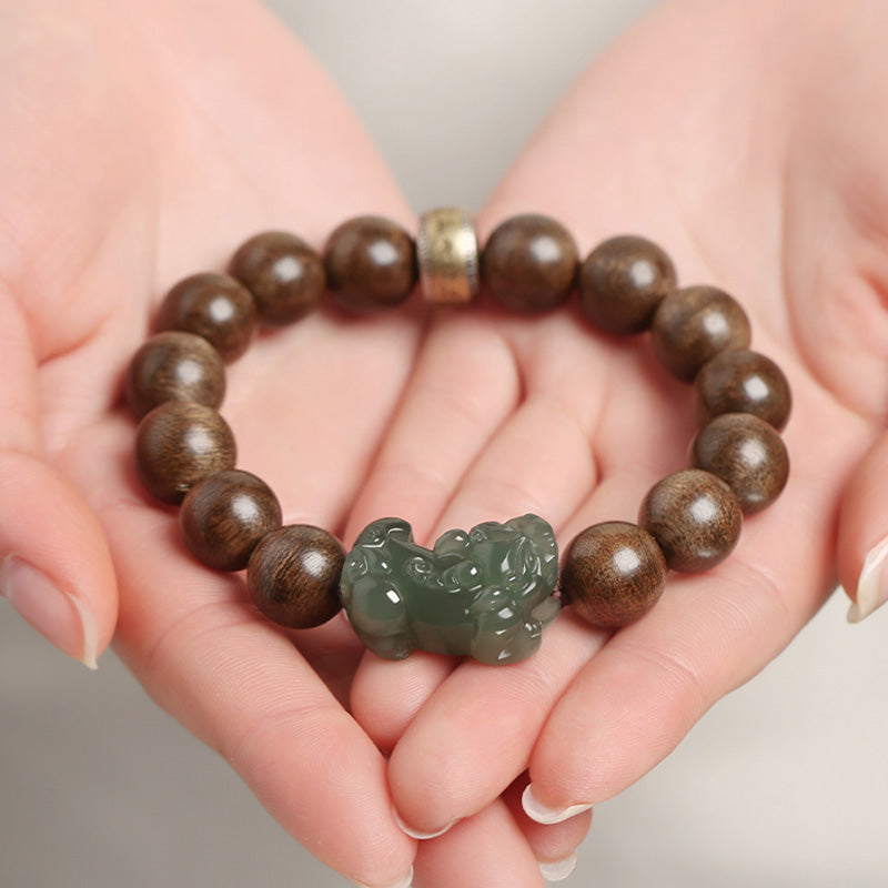 KarmaRipple's 925 Sterling Silver Brunei Agarwood PiXiu Jade Peace Strength Bracelet p4