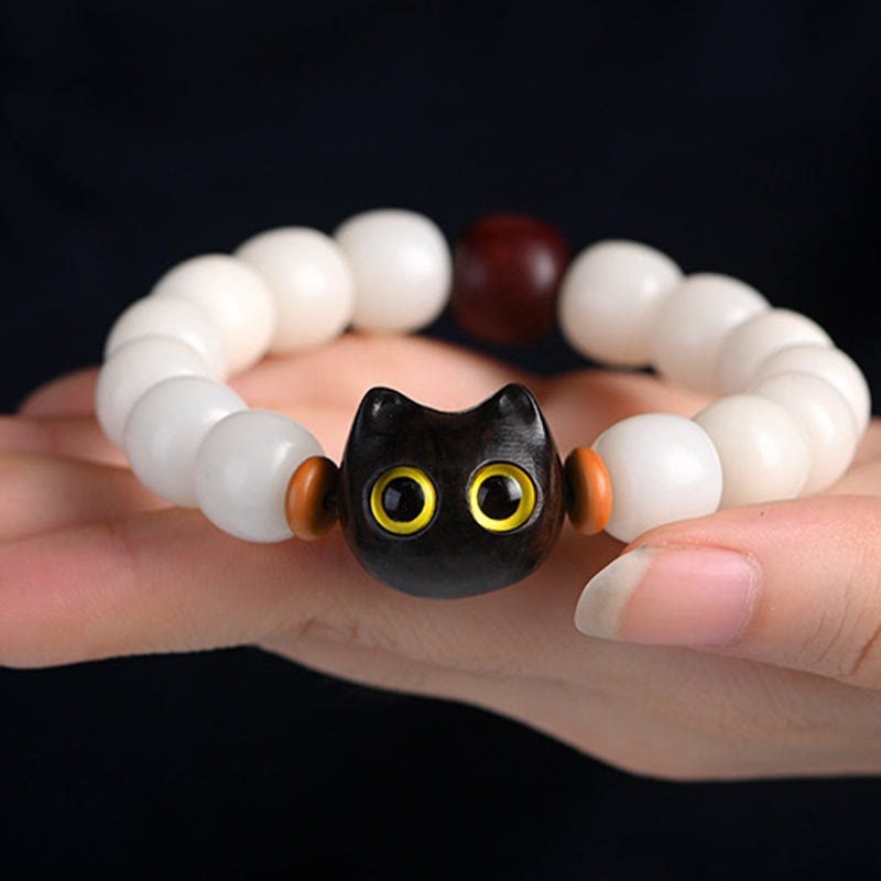 KarmaRipple's Authentic Bodhi Seed Small Leaf Red Sandalwood Ebony Wood Cute Fortunate Cat Wisdom Bracelet p12