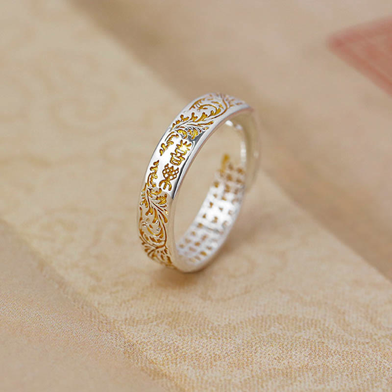 KarmaRipple's Peace and Joy Tang Dynasty Flower Design Lotus Heart Sutra Carved Bronze Fortune Adjustable Ring p13