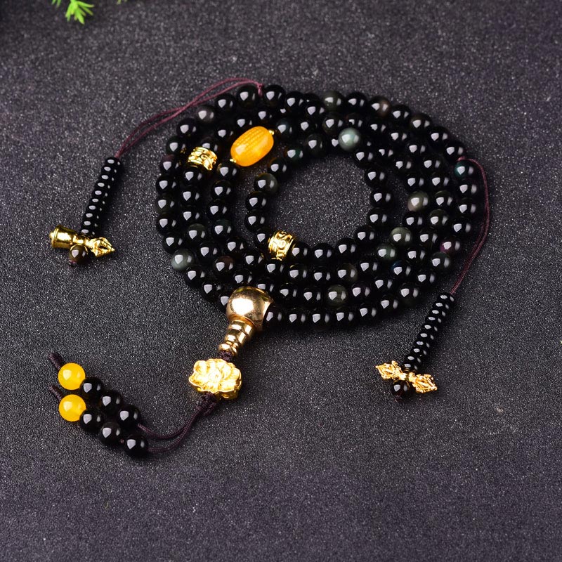 KarmaRipple's 108 Beadwork Authentic Black Obsidian Lotus Fulfilment Mala Bracelet p1