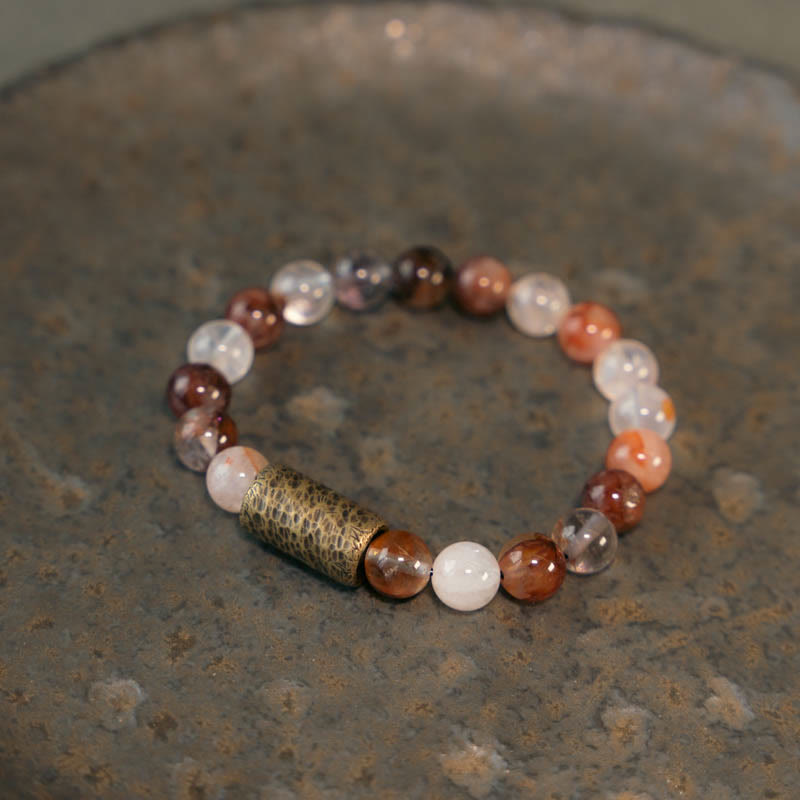 KarmaRipple's Ivory Gemstone Red Hematoid Quartz Gold Rutilated Quartz Purple Phantom Protection Bracelet p42