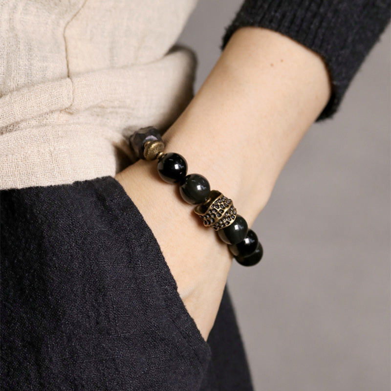KarmaRipple's Black Obsidian Ebony Wood Bronze Strength Pair Bracelet p3