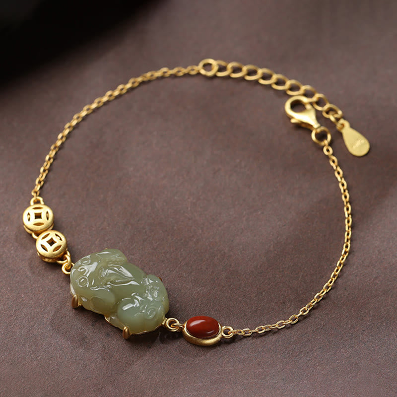 KarmaRipple's Cyan Jade PiXiu Bronze Coin Red Agate Success Chain Bracelet p2