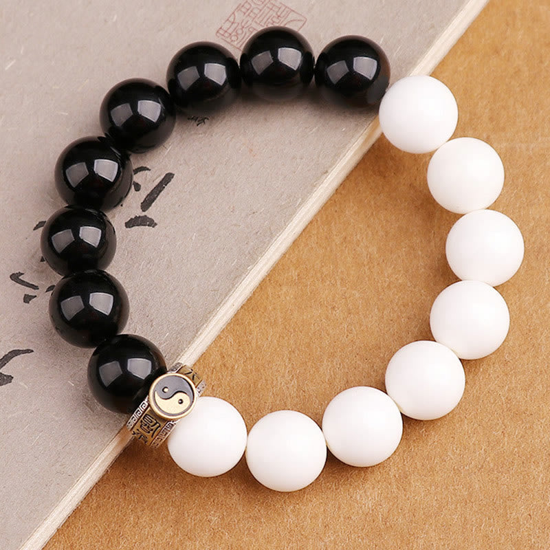 KarmaRipple's 925 Sterling Silver Black Obsidian Ivory Shell Yin Yang Strength Bracelet p4
