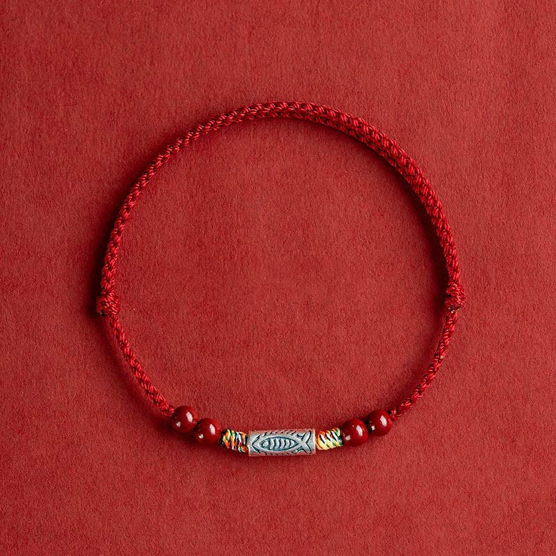 KarmaRipple's 925 Sterling Silver Koi Fish Cinnabar Bead Wealth Handcrafted Woven Bracelet Anklet p30