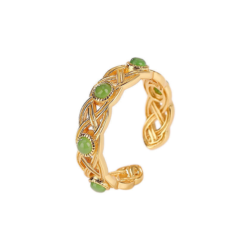 KarmaRipple's 925 Sterling Silver Plated Gold Cyan Jade Woven Design Success Fortune Adjustable Ring p6
