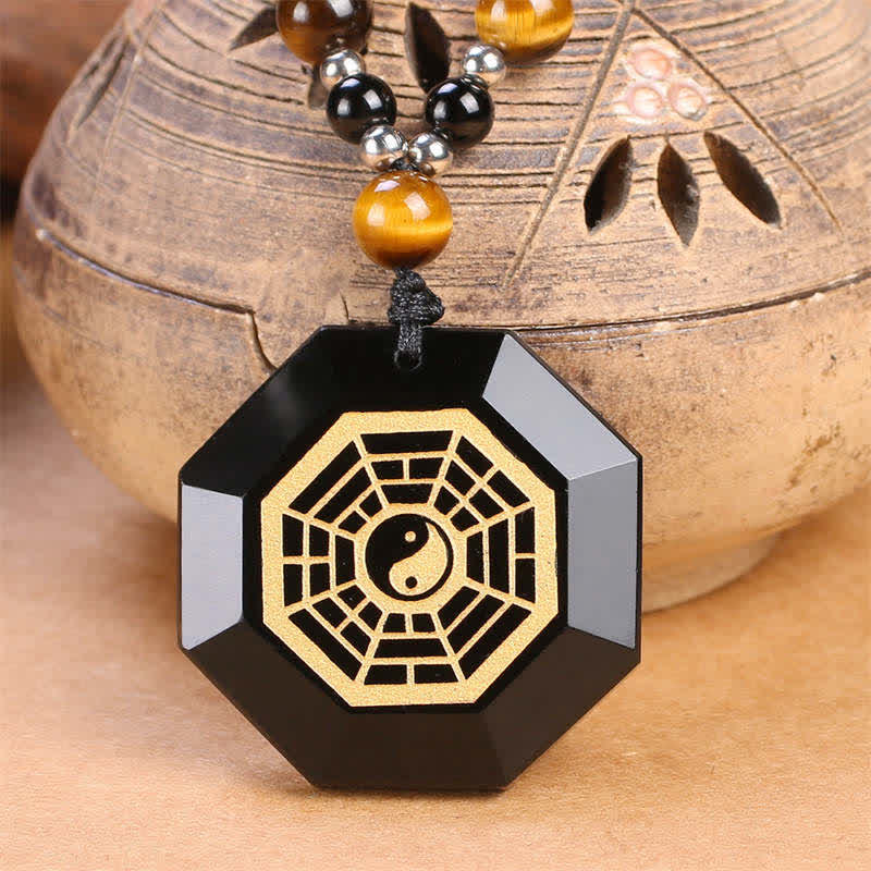 KarmaRipple's Bagua Yin Yang Black Obsidian Purification Beaded Pendant Necklace p1