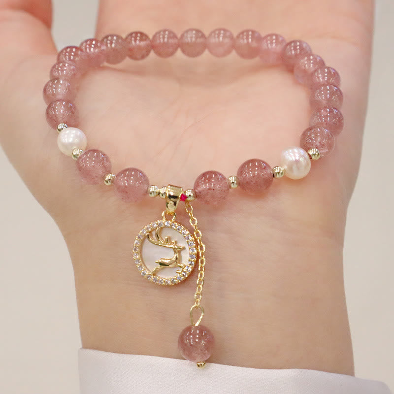 KarmaRipple's Strawberry Quartz Pearl Elk Smiley Face Fishtail Fu Character Talisman Balancing Bracelet p8
