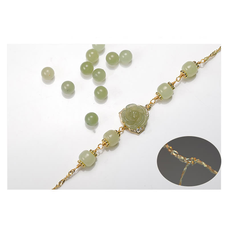 KarmaRipple's 14K Gold Plated Hetian Jade Rose Flower Fortune Chain Bracelet p14