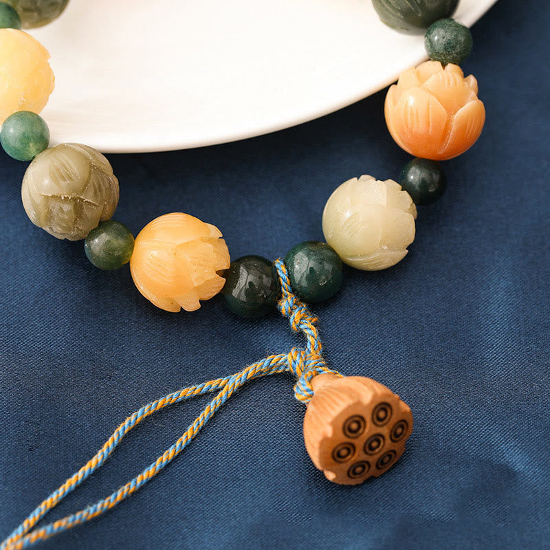 KarmaRipple's Bodhi Seed Lotus Bead Engraved Moss Agate Peace Calm Bracelet p3
