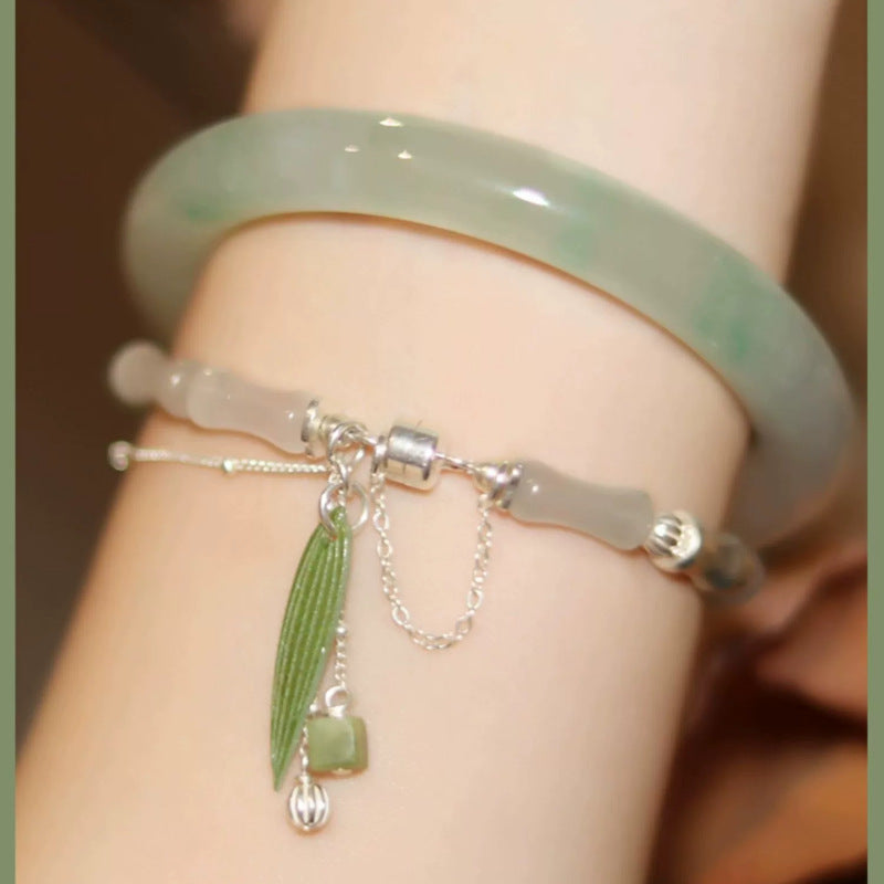 KarmaRipple's 925 Sterling Silver Authentic Ivory Jade Bamboo Leaf Lantern Talisman Happiness Bracelet p1