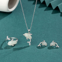 KarmaRipple's 925 Sterling Silver Cute Dolphin Hetian Jade Red Agate Fortune Pendant Necklace Ring Earrings Set