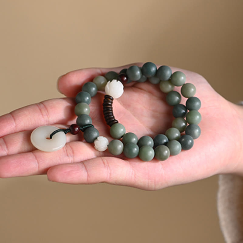 KarmaRipple's Cyan Bodhi Seed Lotus Jade Peace Buckle Wisdom Double Wrap Bracelet p12