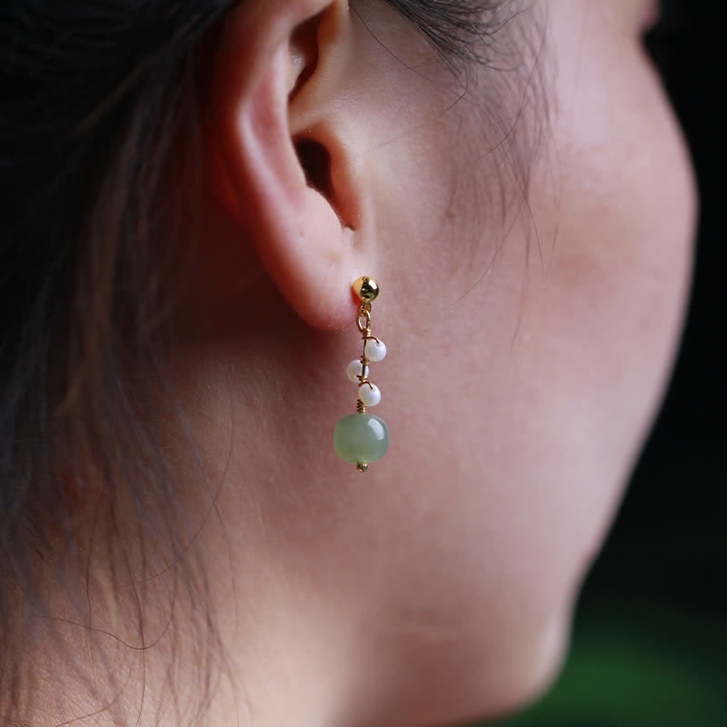 KarmaRipple's Hetian Jade Flower Pattern 14K Gold Plated Fortune Drop Dangle Earrings p8