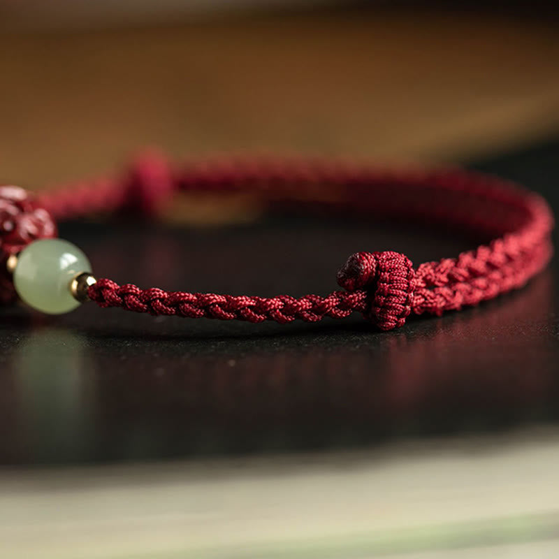 KarmaRipple's Authentic Cinnabar Chinese Zodiac Hetian Jade Fu Character Fortune Rope Bracelet p24