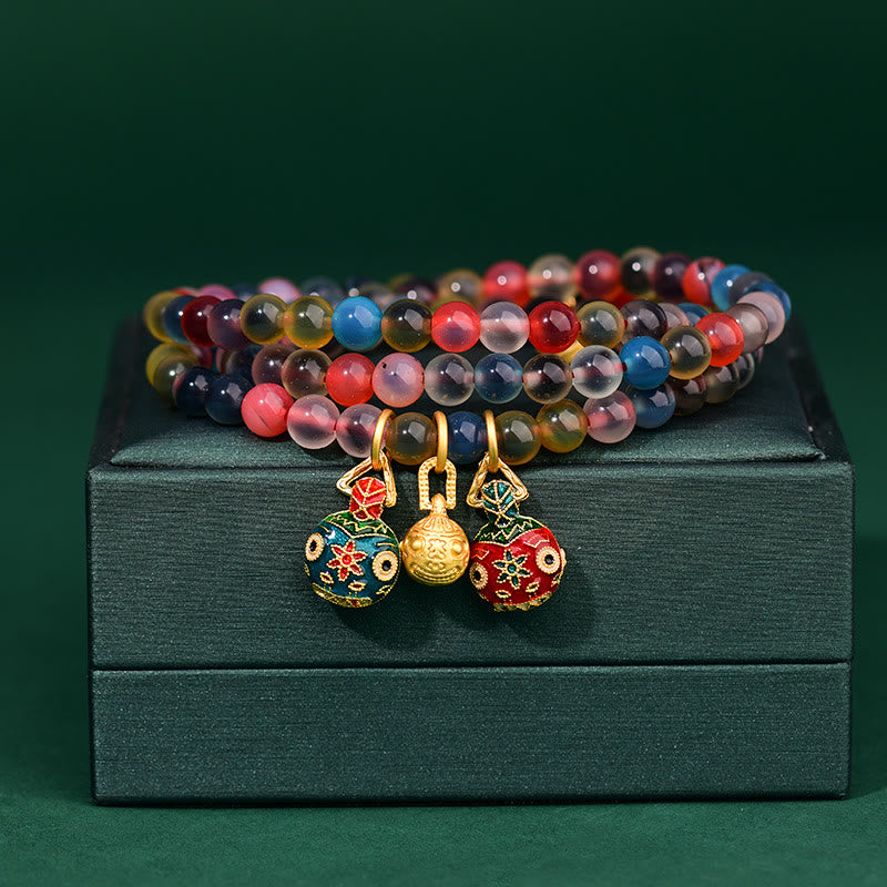 KarmaRipple's Colorful Candy Agate Gold Swallowing Beast Family Strength Talisman Triple Wrap Bracelet p12