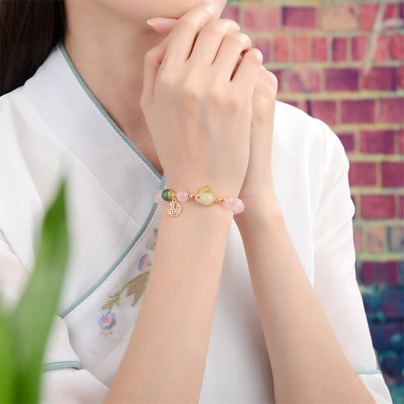 KarmaRipple's Year of the Rabbit Authentic Pink Gemstone Green Agate Bunny Love Happiness Bracelet p3