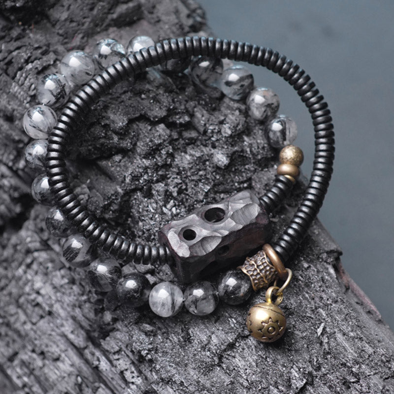 KarmaRipple's Black Rutilated Quartz Ebony Wood Bronze Wisdom Pair Bracelet p4
