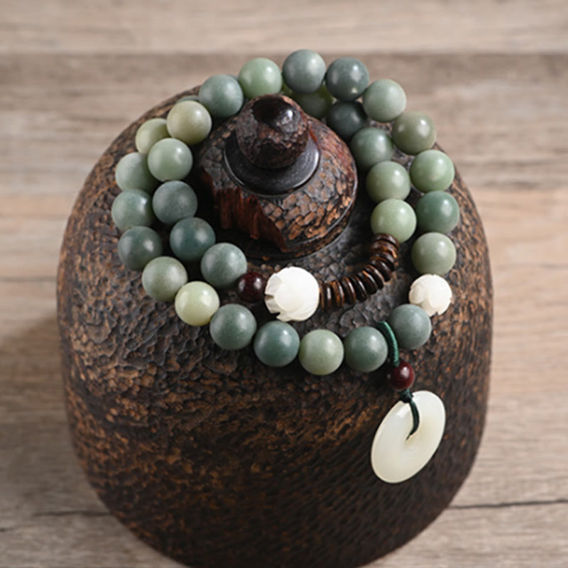 KarmaRipple's Cyan Bodhi Seed Lotus Jade Peace Buckle Wisdom Double Wrap Bracelet p8