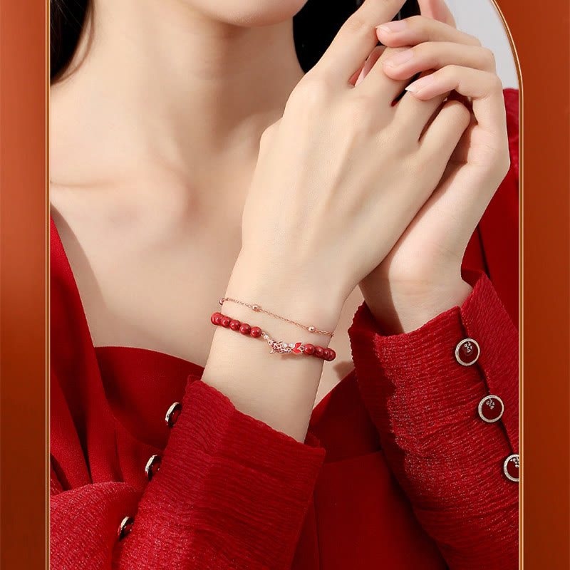 KarmaRipple's 925 Sterling Silver Fortunate Koi Fish Cinnabar Zircon Prosperity Double Layer Chain Bracelet p12