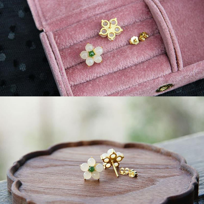 KarmaRipple's Ivory Jade Flower Fortune Blessing Stud Earrings p7