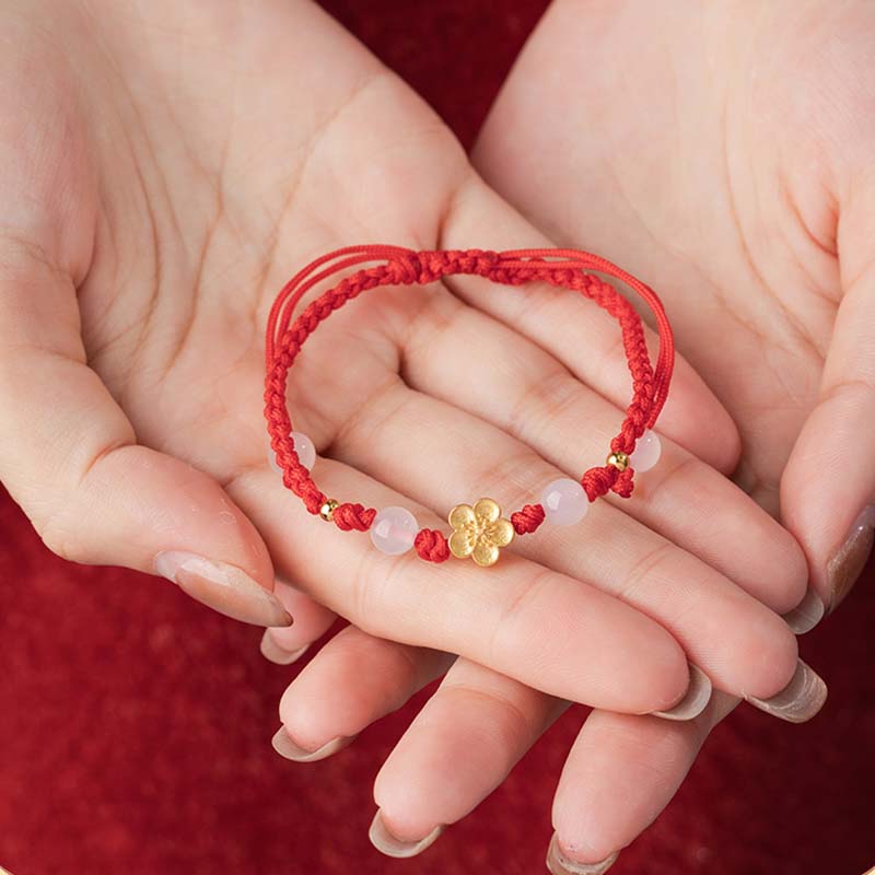 KarmaRipple's Handmade 925 Sterling Silver Peach Blossom Cherry Sakura Chalcedony Bead Fortune Red Rope Bracelet p10