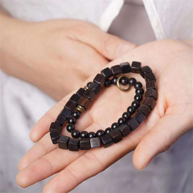 KarmaRipple's Tibet Ebony Wood Square Beadwork Peace Double Wrap Bracelet p1