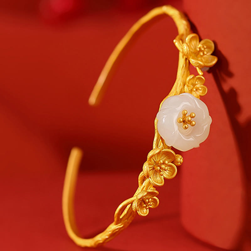 KarmaRipple's 925 Sterling Silver Plated Gold Hetian Jade Plum Blossom Fortune Pendant Necklace Bracelet Bangle Ring p11