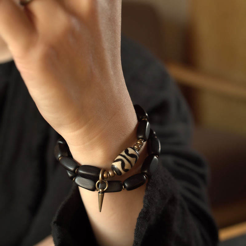 KarmaRipple's Tibet Ebony Wood Dzi Bead Bronze Balance Double Wrap Bracelet p15