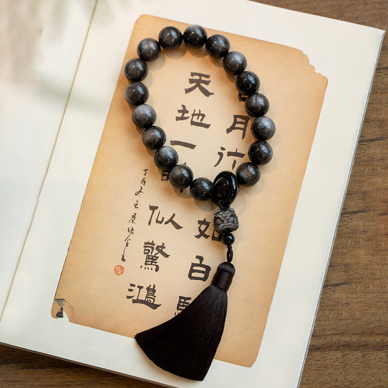KarmaRipple's Authentic Silver Sheen Obsidian Black Obsidian Lion Wrist Mala Protection Tassels Pocket Mala Car Decoration p9