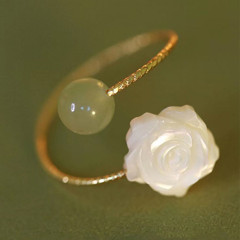 KarmaRipple's 14K Gold Plated Tridacna Stone'se Flower Jade Bead Blessing Ring p1