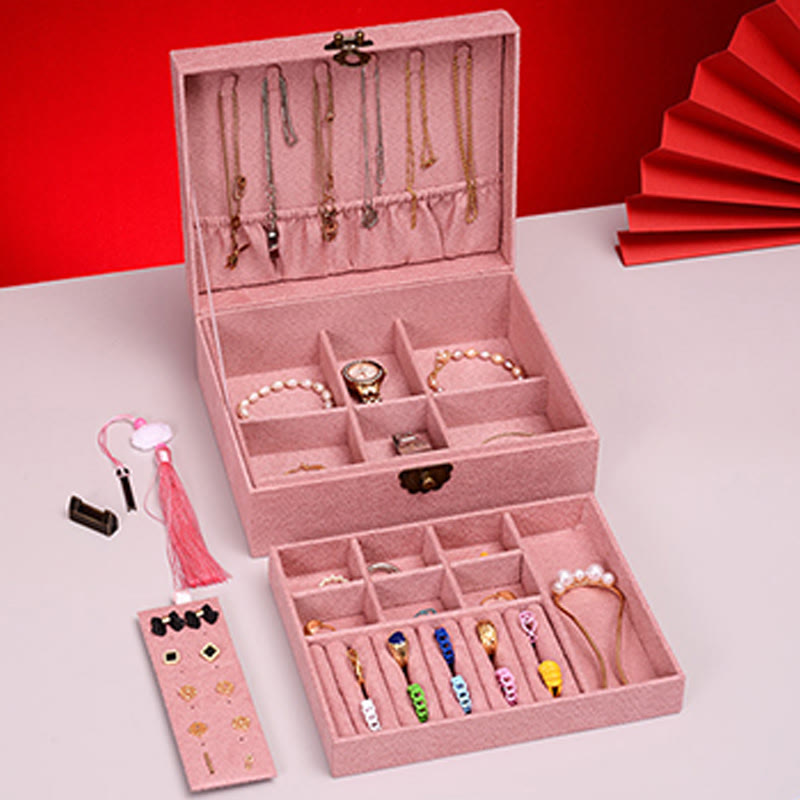 KarmaRipple's Simple Design Jewelry Box Organizer Two-Layer Jewelry Storage Box Flannel Box With Lock p18