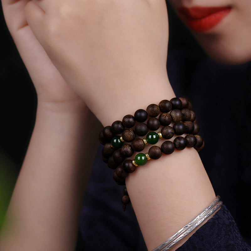 KarmaRipple's 108 Mala Beadwork Indonesia Tarakan Rare Agarwood Cyan Jade Ward Off Evil Spirits Bracelet p7