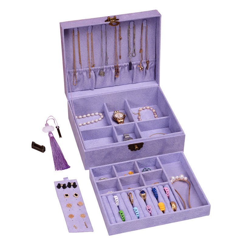 KarmaRipple's Simple Design Jewelry Box Organizer Two-Layer Jewelry Storage Box Flannel Box With Lock p4