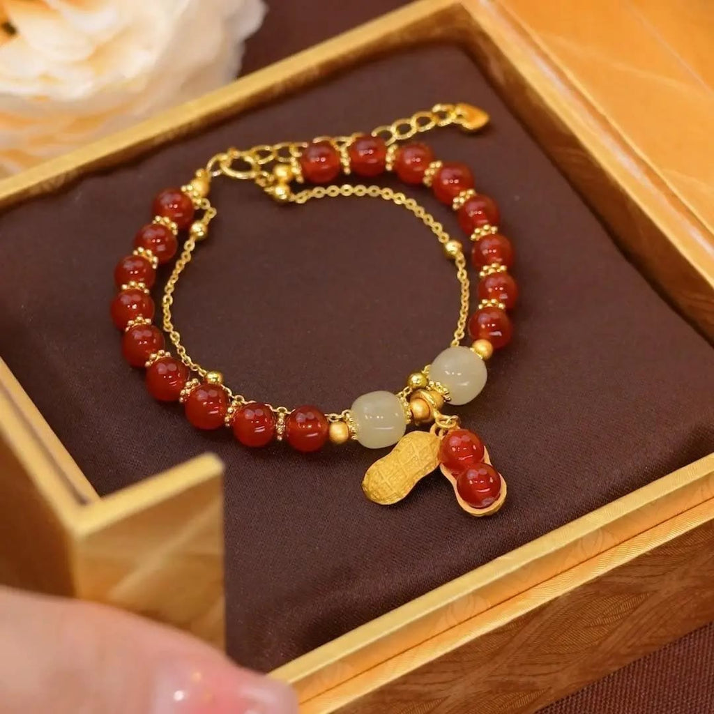 KarmaRipple's Jade Leaf Ginkgo Tulip Peanut Fu Character Fortune Beaded Bracelet p6