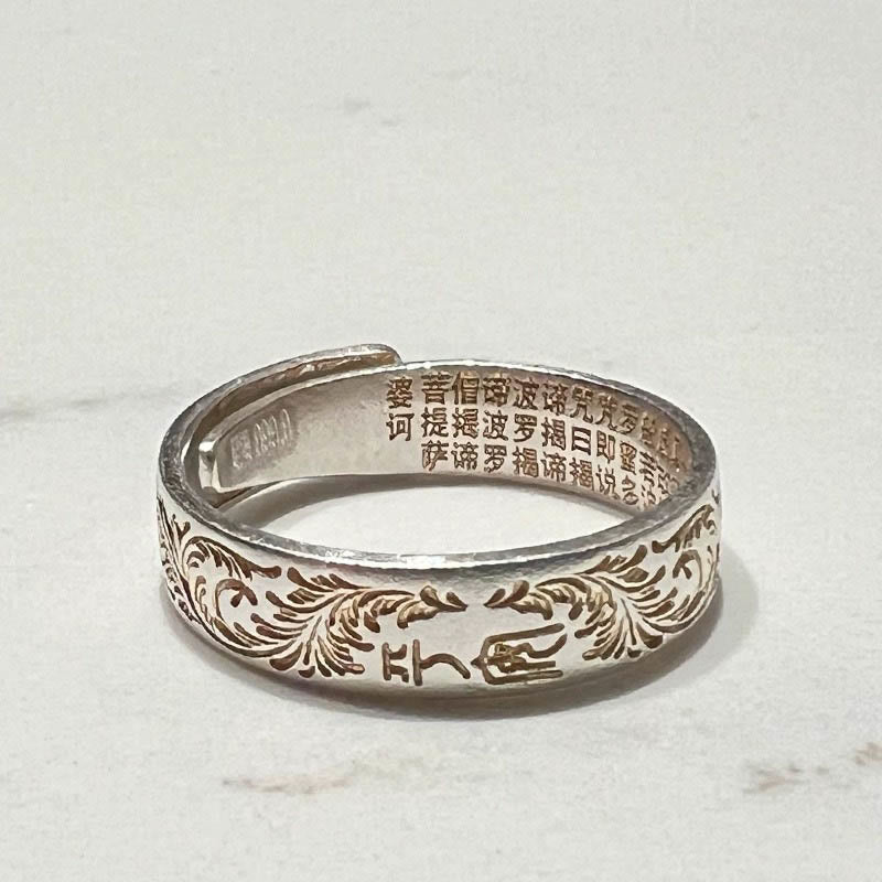 KarmaRipple's KarmaRipple 999 Sterling Silver Gold-Painted Joyful Flower Pattern Peaceful Heart Sutra Ring p16