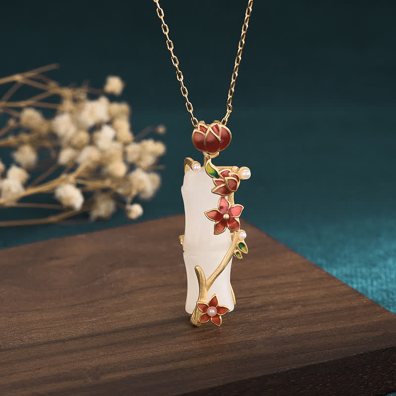 KarmaRipple's Ivory Jade Bamboo Lotus Flowers Fortune Protection Pendant Necklace p1