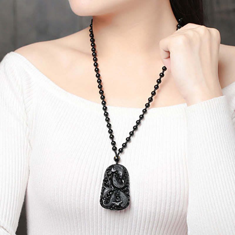 KarmaRipple's Black Obsidian Koi Fish Engraved Strength Beaded Pendant Necklace p21