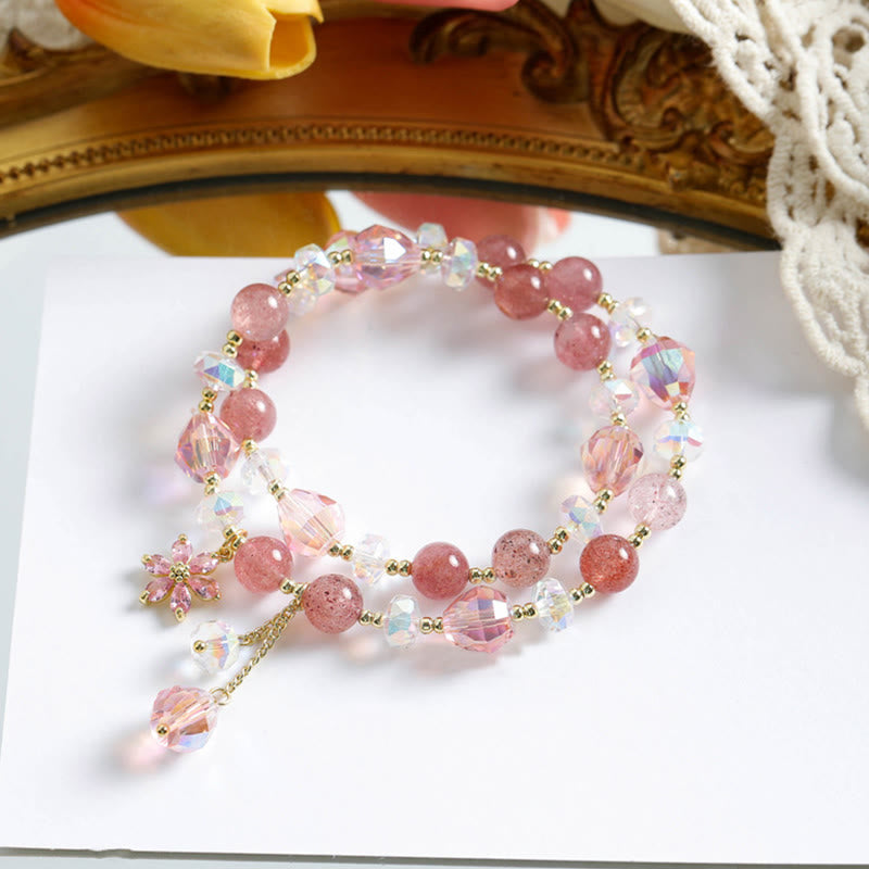 KarmaRipple's Strawberry Quartz Zircon Flower Balancing Double Wrap Bracelet p1