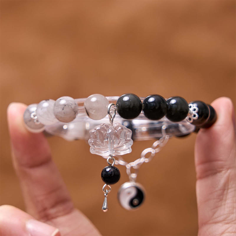 KarmaRipple's Silver Sheen Obsidian Crackle Clear Quartz Black Rutilated Quartz Yin Yang Lotus Protection Bracelet p21