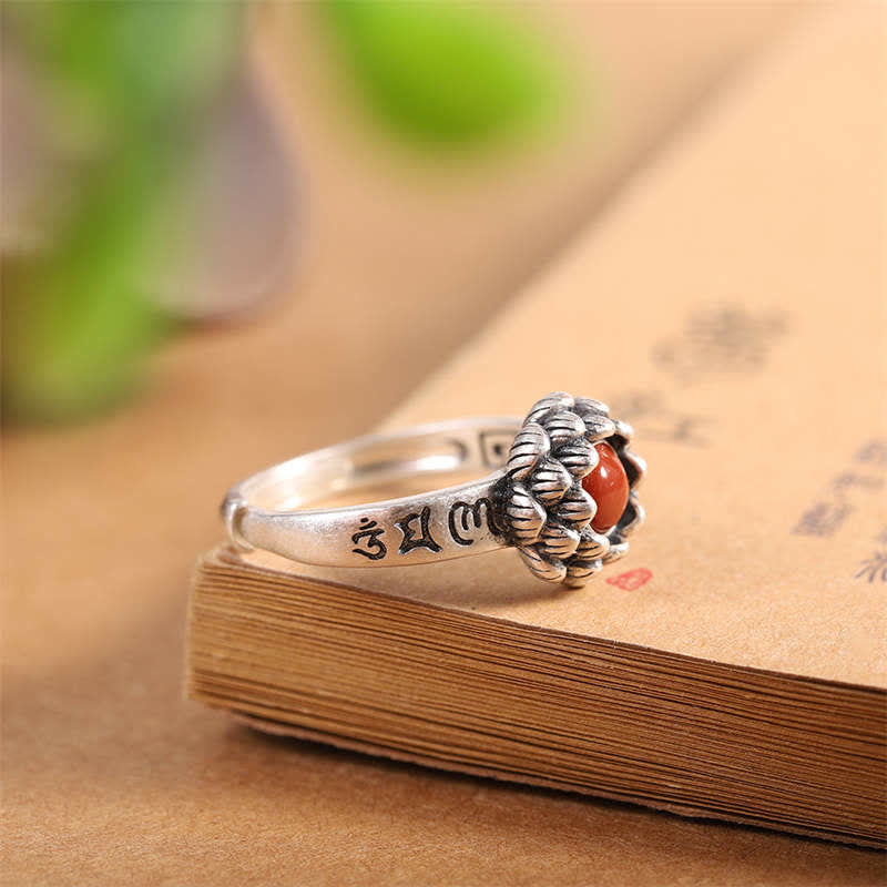 KarmaRipple's KarmaRipple's 25 Sterling Silver Lotus Red Agate Confidence Blessing Ring p7
