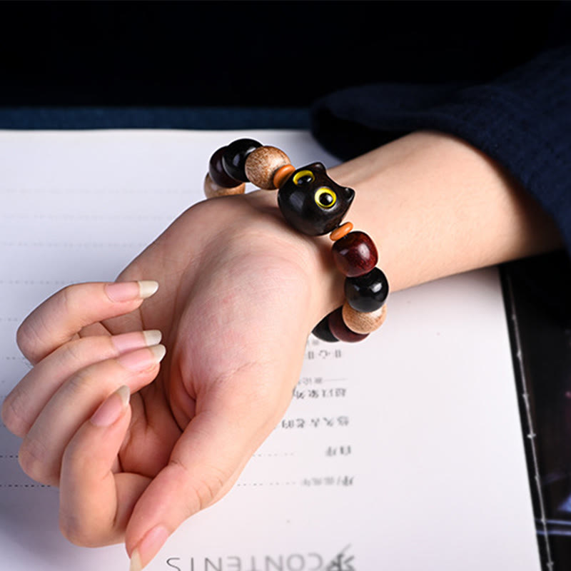 KarmaRipple's Small Leaf Red Sandalwood Ebony Wood Cute Cat Engraved Protection Bracelet p8