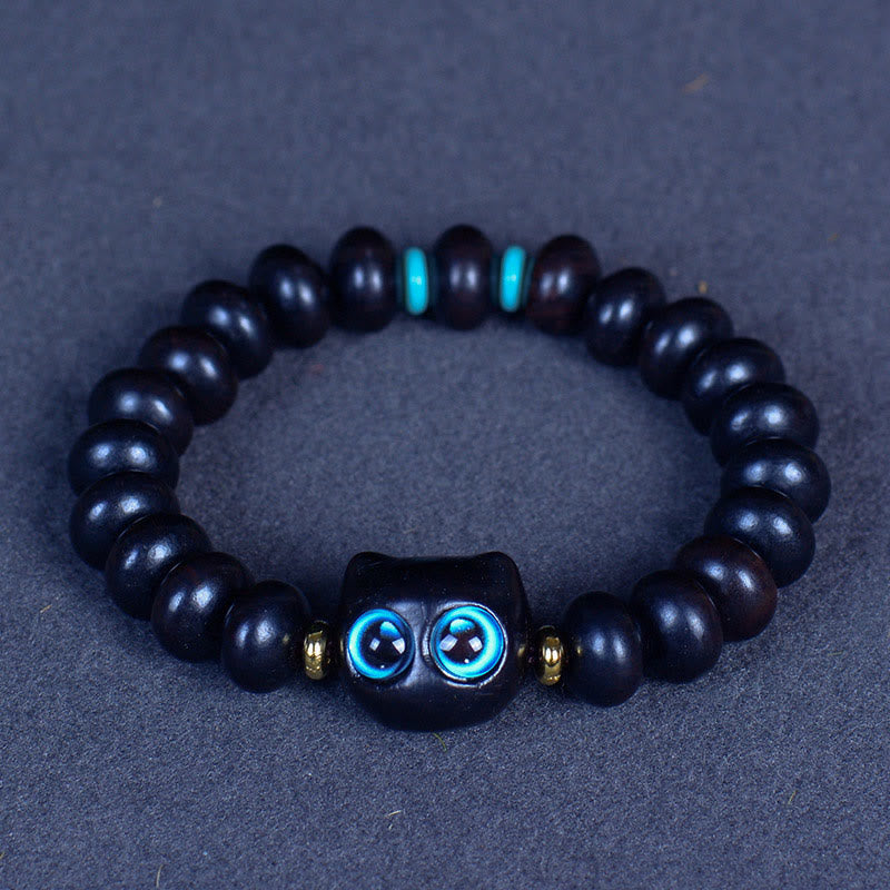 KarmaRipple's Ebony Wood Liuli Glass Lovely Cat Peace Balance Bracelet p1