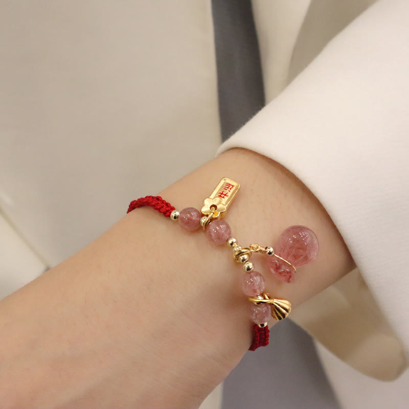 KarmaRipple's Authentic Strawberry Quartz Money Bag Lotus Balancing Talisman Red String Woven Bracelet p5
