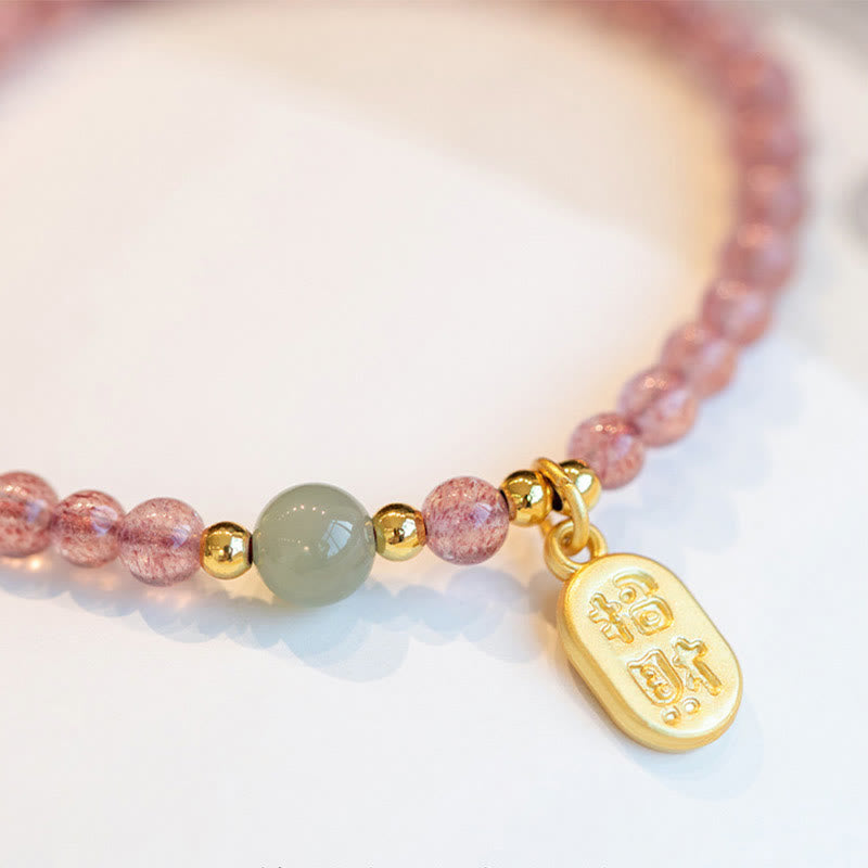 KarmaRipple's Authentic Strawberry Quartz Garnet Jade Fortunate Fortune Fu Character Balancing Talisman Bracelet p5