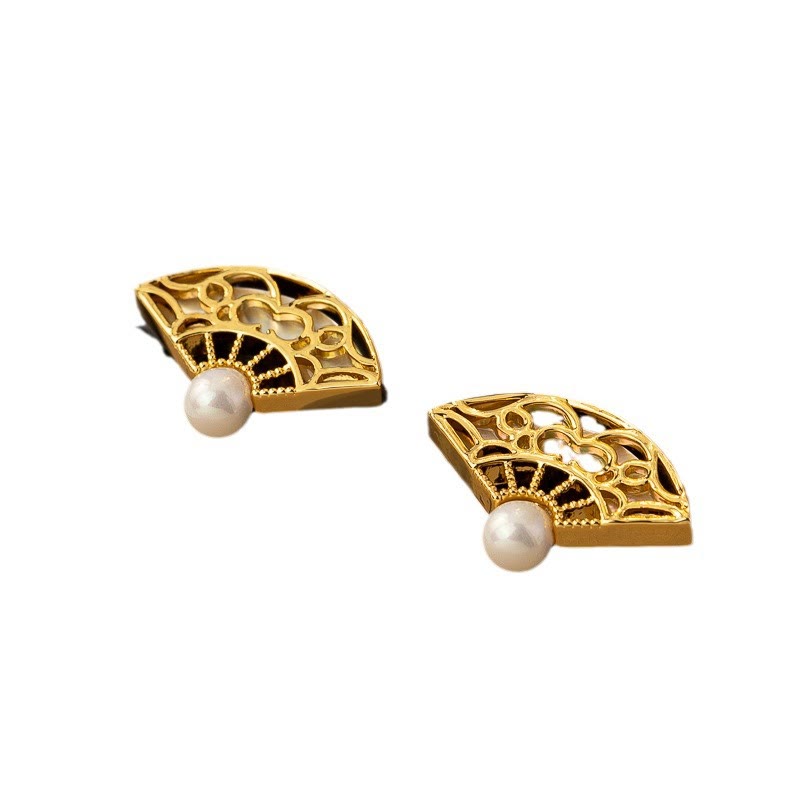 KarmaRipple's 925 Sterling Silver Posts Fan Pattern Pearl Bronze Wisdom Stud Drop Earrings p6