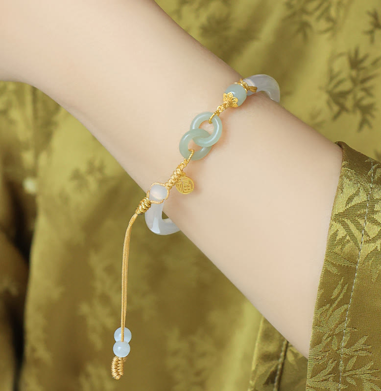 KarmaRipple's 925 Sterling Silver Authentic Ivory Agate Hetian Jade Double Peace Buckle Fu Character Bracelet Bangle p5