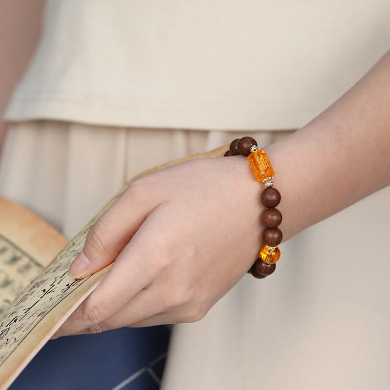 KarmaRipple's Authentic Phoebe Zhennan Wood Om Mani Padme Hum God Of Wealth Gemstone Protection Bracelet p15